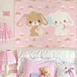 tapisserie kawaii enfantine motif pois blancs fond rose personnage animal cupcakes
