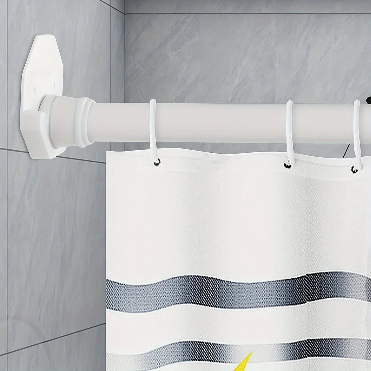 supports muraux adhésifs tringle douche blancs fixations vis chevilles anneaux rideau motifs abstraits floraux