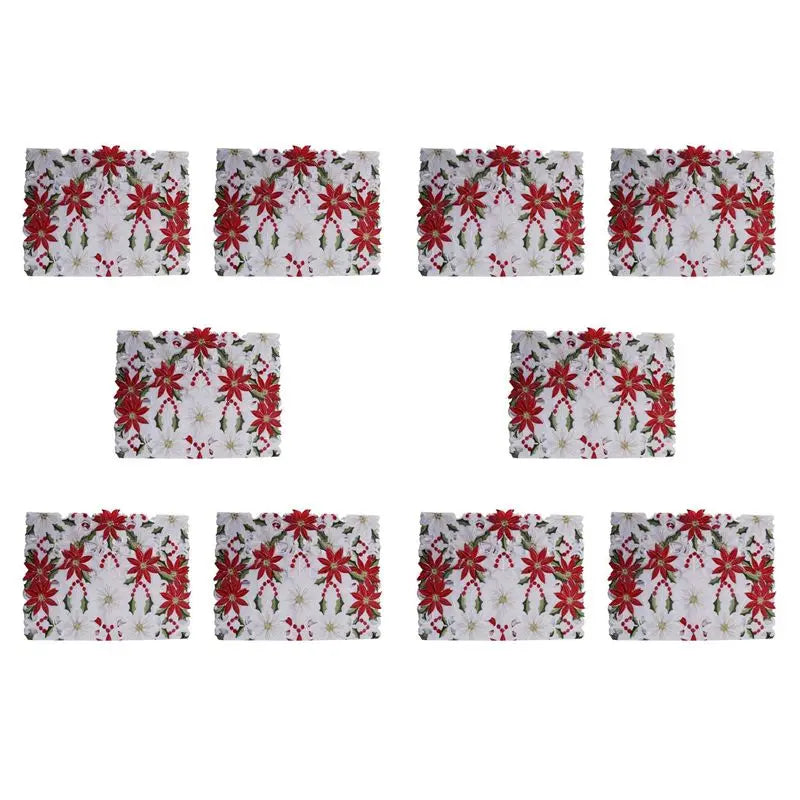 ruban decoratif noel brode fleurs poinsettia houx dorures classique blanc rouge vert festive