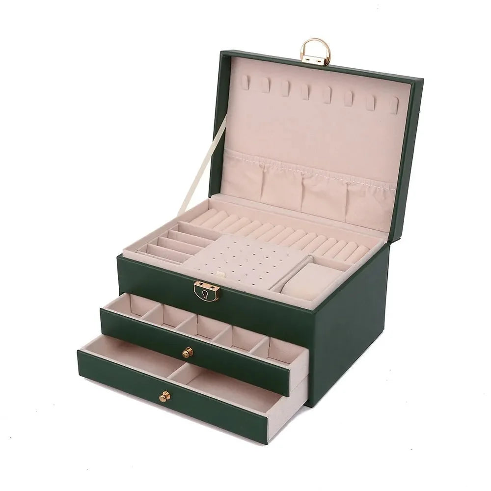 boîte bijoux simili cuir verte moderne poignées dorées tissu beige intérieur 23x17x13.5cm