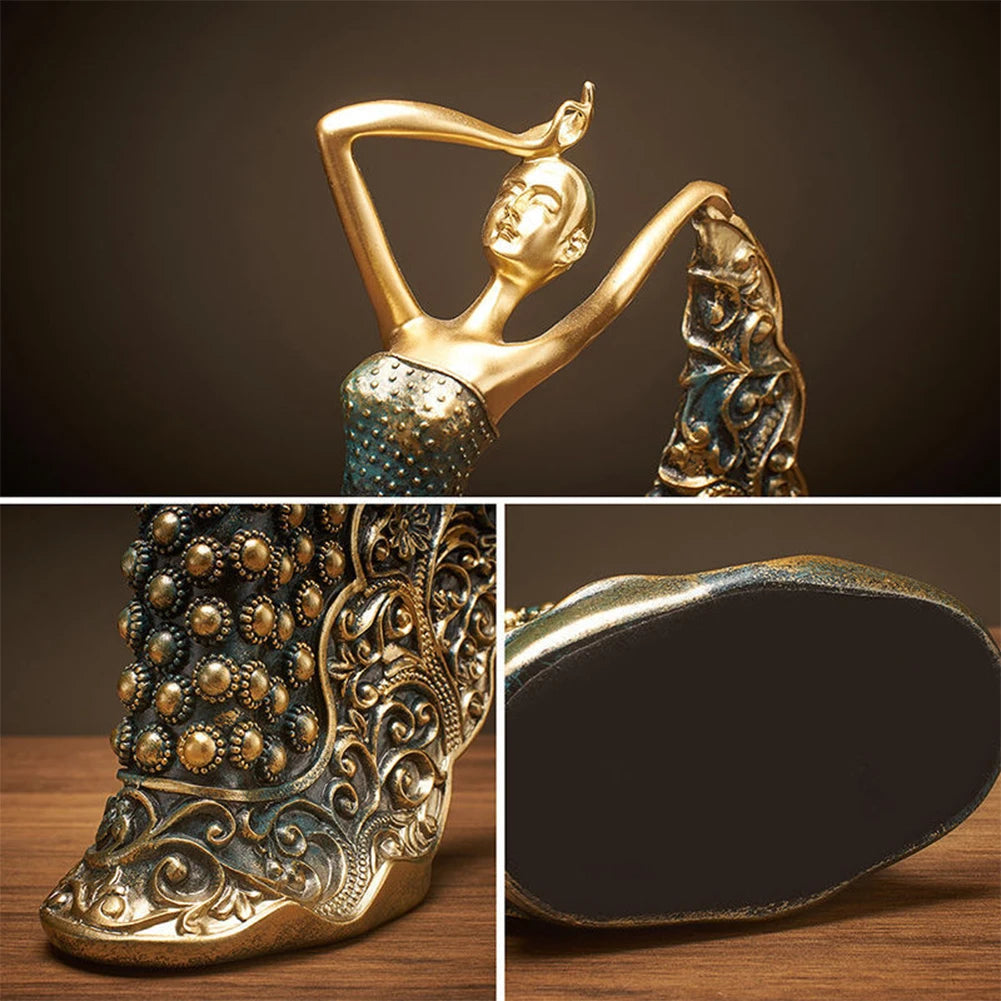 statue ornementale femme danseuse moderne résine motifs floraux or bleu bronze élégante