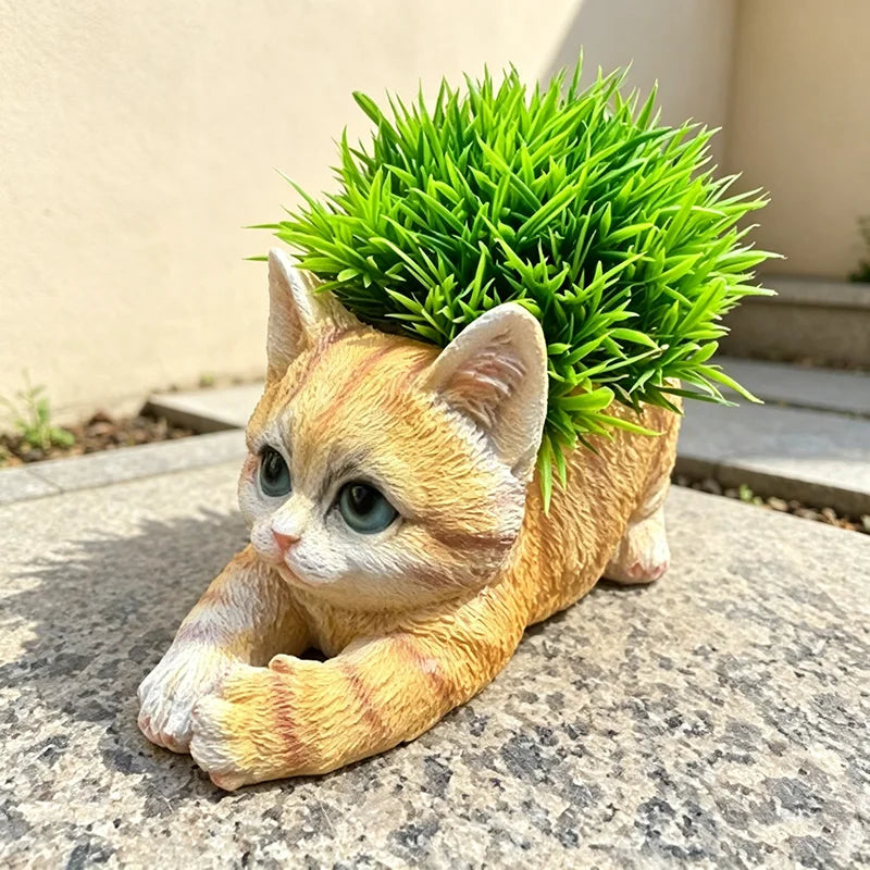 pots fleurs forme chat orange imitation pelage herbe verte extérieur animalier mignon deco jardin