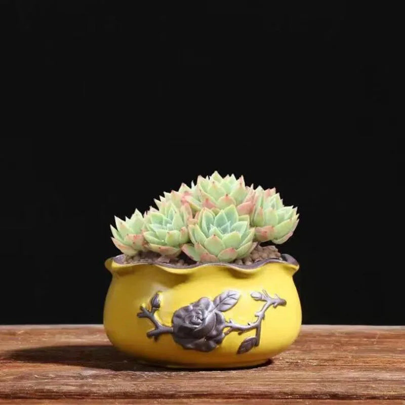 pots fleurs céramique glaçure abstraite bleu rose marron rustique plante verte artisanat