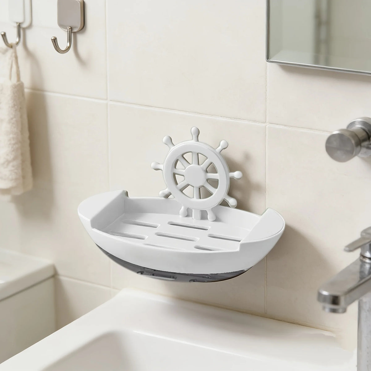 porte savon bateau adhésif mural décoration maritime blanc gris noir texturé