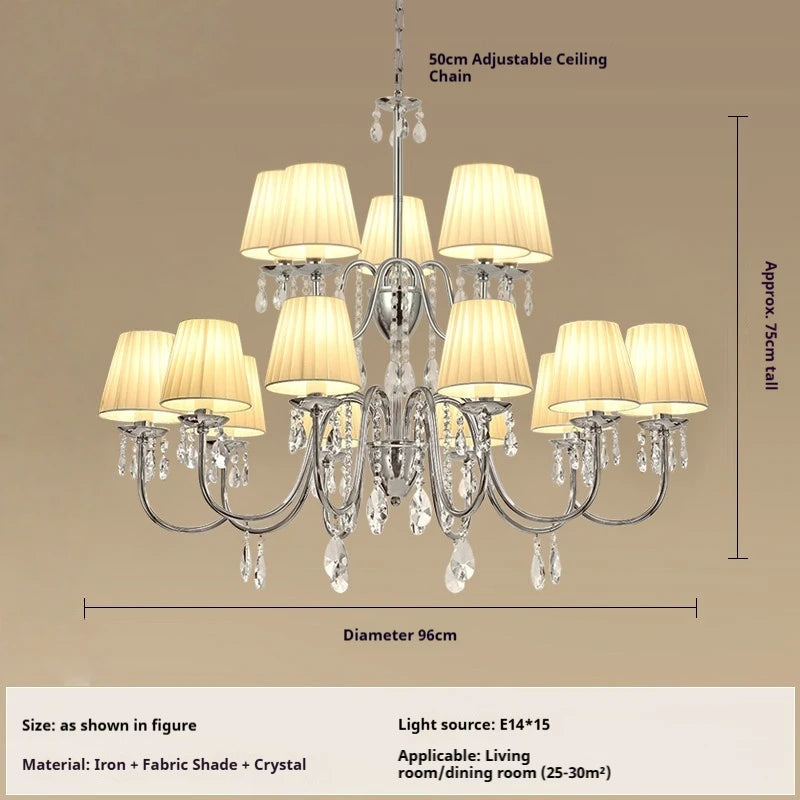 lustre cristal classique argenté abat jour conique cristaux pendus salon salle