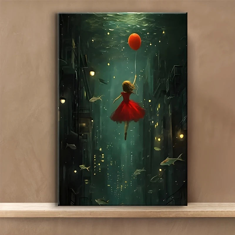 tableau moderne fille sous marine poissons lumières verte rouge noir décoration maison salon art