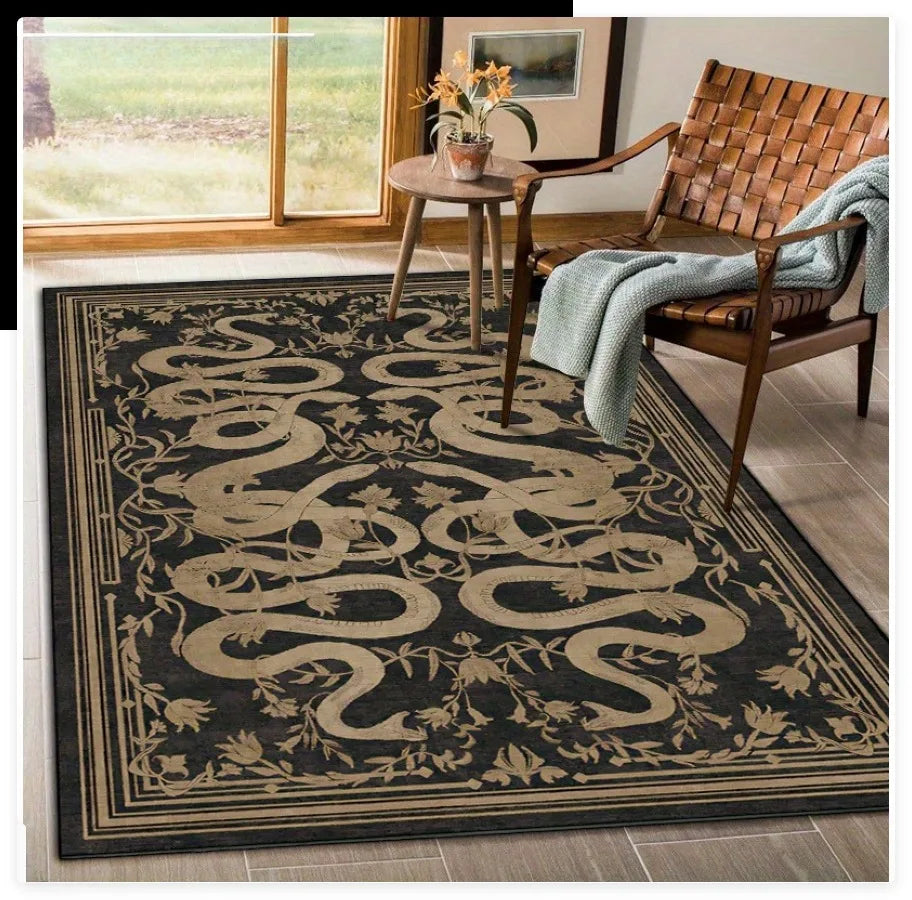 tapis noir serpent stylisé fleurs bordure ornée salon chambre décoration intérieure moderne classique
