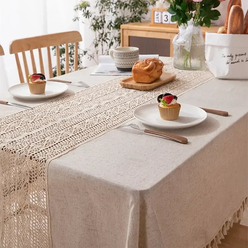 nappe table rectangulaire beige clair rustique boho chic tissée motifs franges