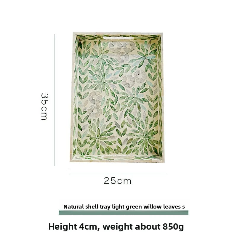 plateau moderne décoratif poignées couleur bleu clair vert beige feuilles saule mosaïque transparent opacité