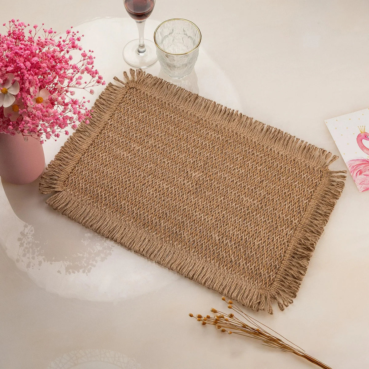 Sets table rectangulaires tressés bohèmes beige marron vert olive franges rustiques naturels