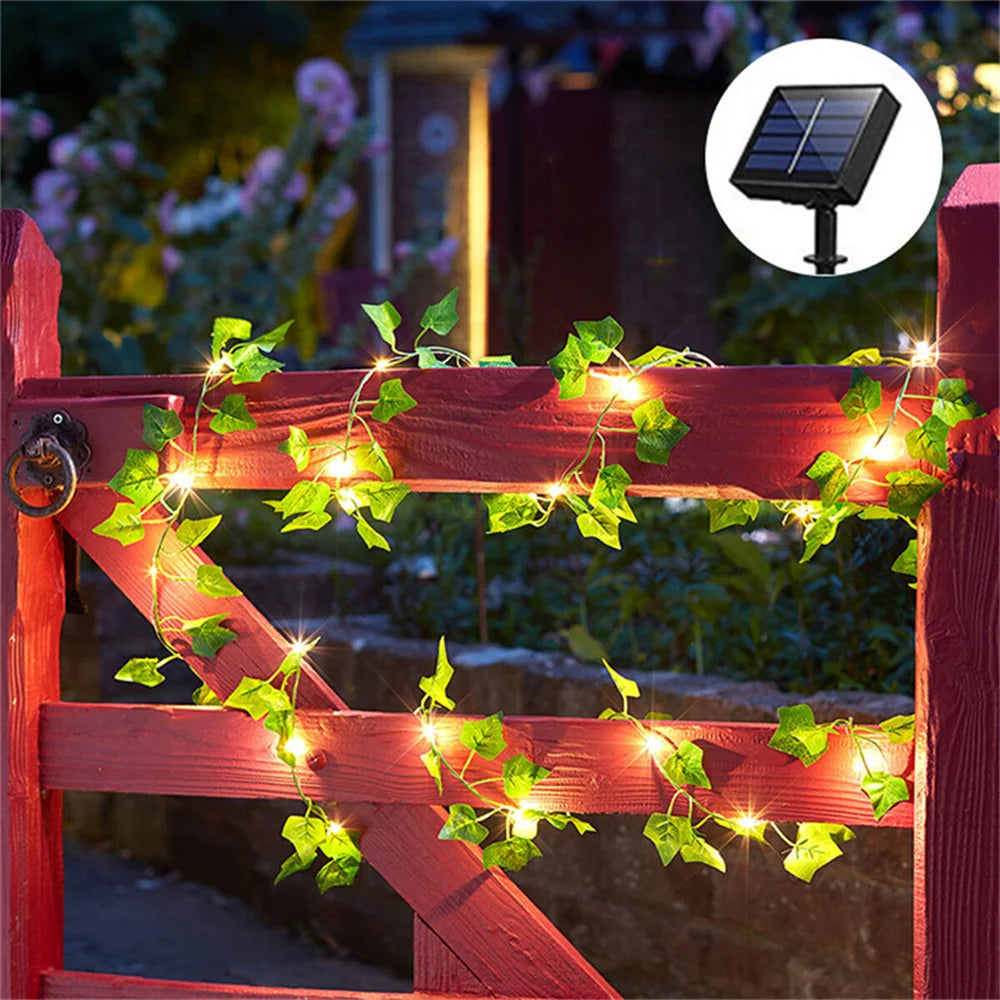 guirlande lumineuse solaire feuilles vertes lumières blanches clips modernes 100 leds 10mètres jardin