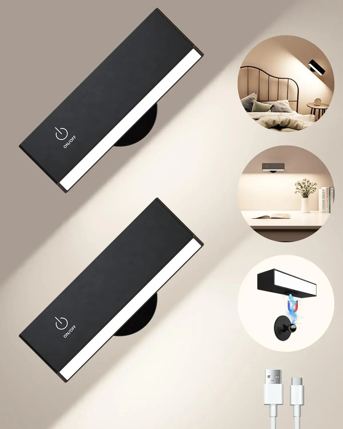 Applique murale LED rechargeable moderne en blanc, lampe de chevet à rotation 360 degrés