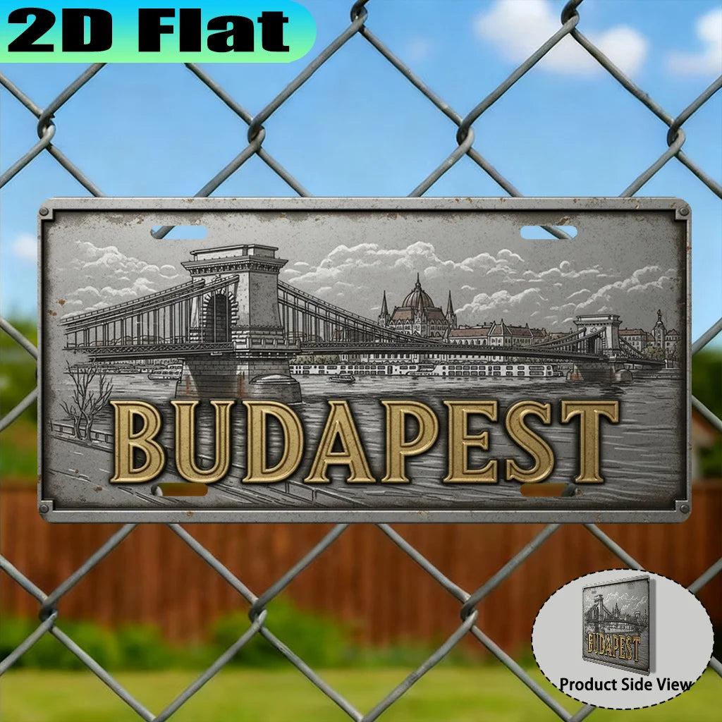 plaque decorative pont parlement budapest vintage gris doré illustration urbaine mettalique