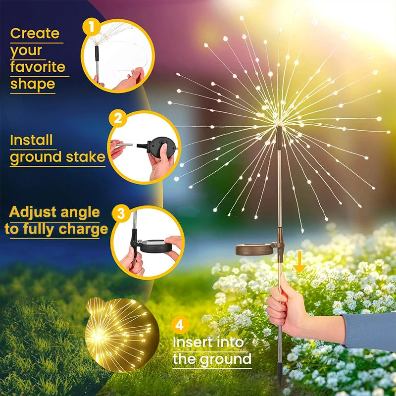 lumières solaires feux d'artifice blanc jaune multicolore moderne étoiles lumineuses filaments tringle sol installationextérieur