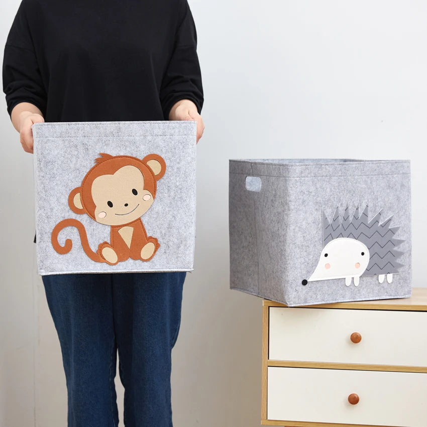 boîte rangement tissu felt pliable animaux motif gris clair enfant jouets vêtements poignées