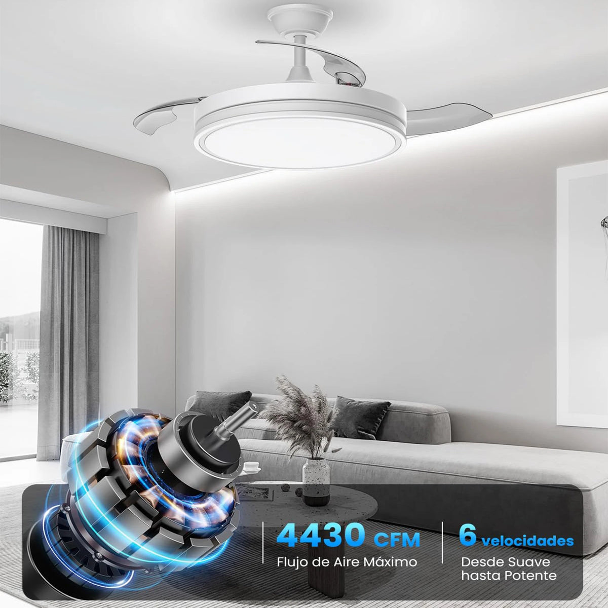 ventilateur rétractable blanc moderne lampe led vitesses télécommande minimaliste lumière variable pales invisibles