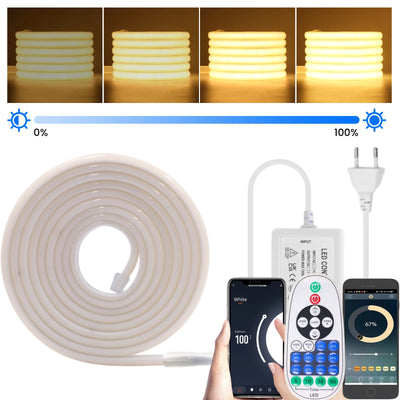 Ruban LED COB intelligent 220V enroule montrant sa flexibilite pour decoration interieur