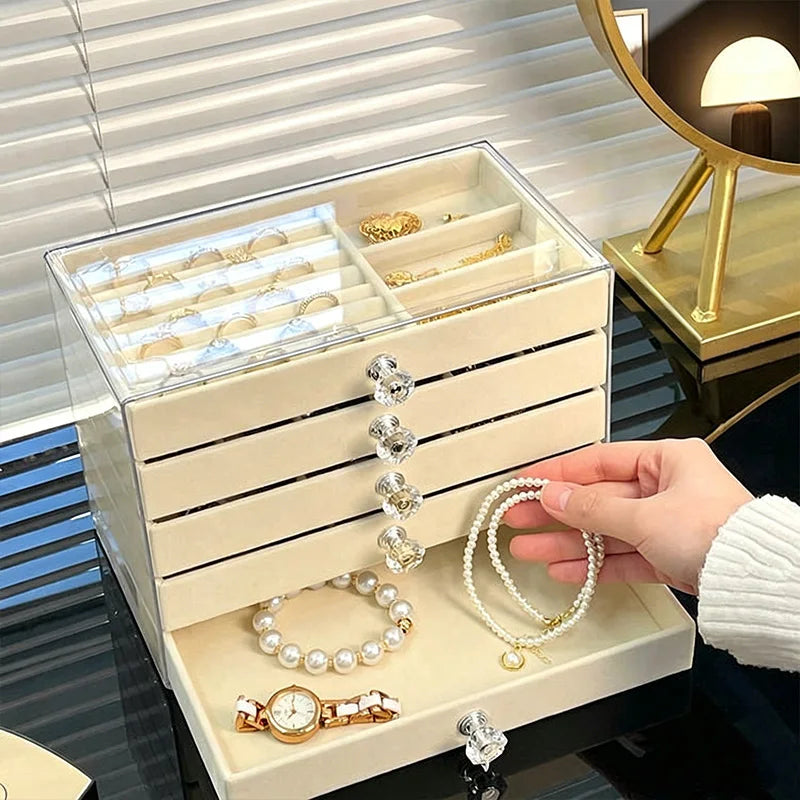 boîte bijoux moderne beige velours transparent tiroirs rangement chic poignées boucles d'oreilles montres