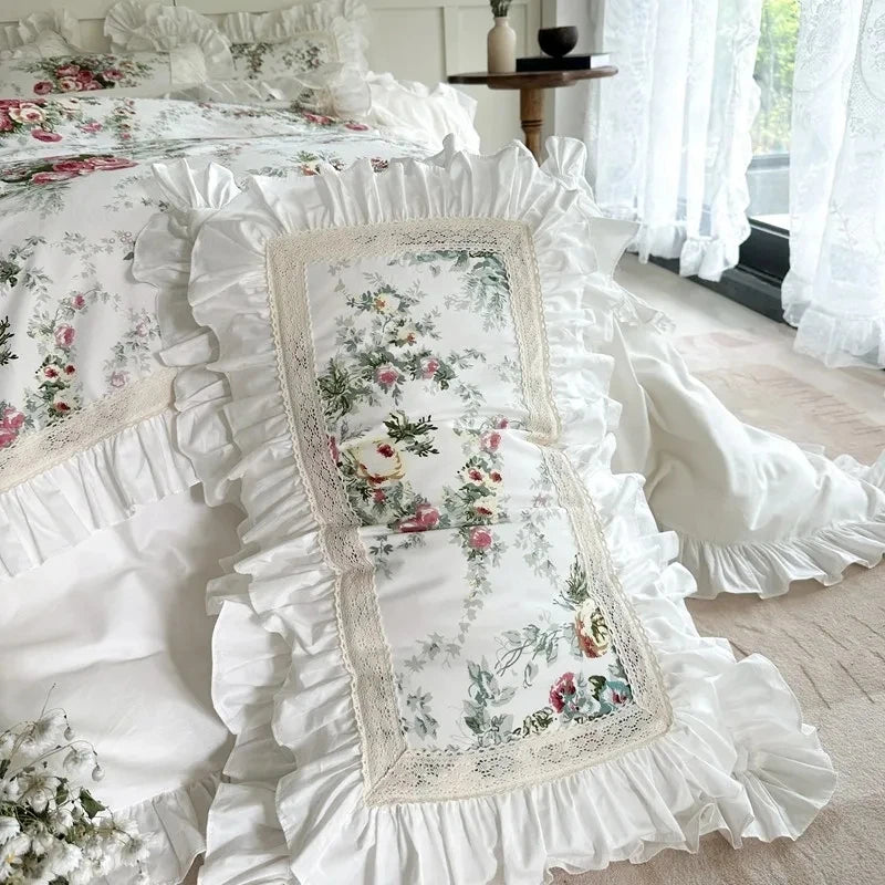 ensemble literie floral romantique blanc rose vert dentelle volants pièces