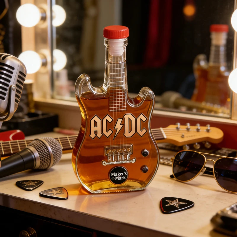 ornement rock bouteille forme guitare ac dc whisky transparent ambré rouge collection décoration plectres