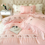 drap plat brodé rose clair classique plissé taies oreillers ensemble literie romantique