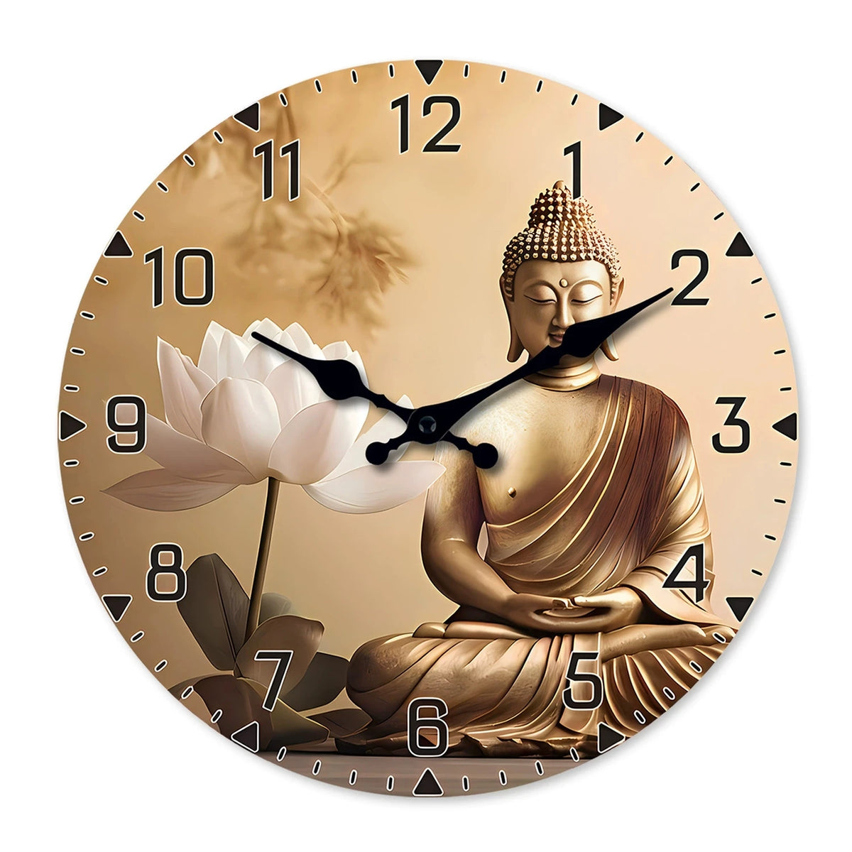 horloge murale bois or beige blanc bouddha lotus chiffres romains classique deco chambre salon