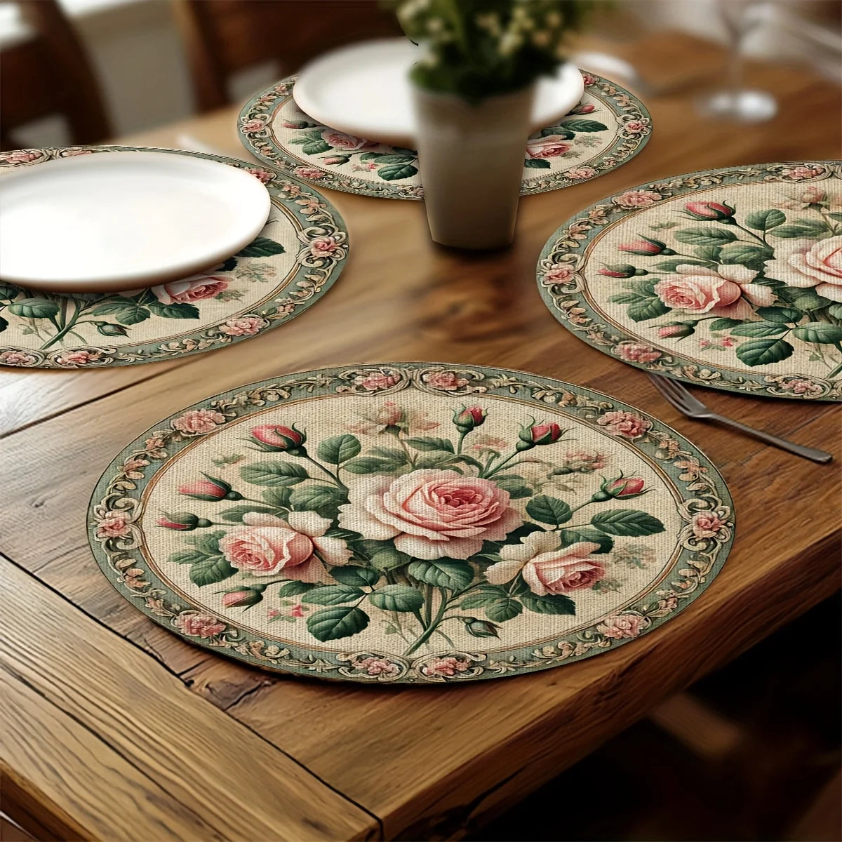 napperons floraux vintage lavables table rose vert feuilles motif classique pièces 38x38cm