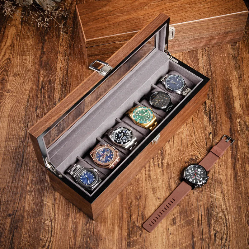 boîte montres 10 slots bois marron velours gris verre transparent classique clips verrouillage