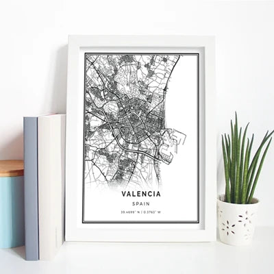 affiche ville valence noir blanc cartographique moderne décoration murale toile carrée aquarelle minimaliste:frame