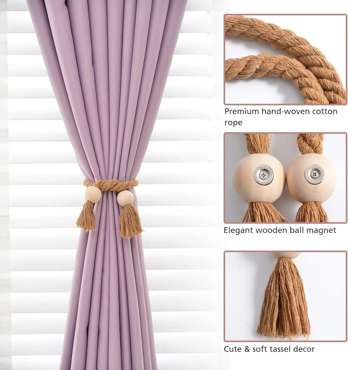 boucles aimants bois pompons franges rideau moderne rustique tissu coton corde tressée violet clair