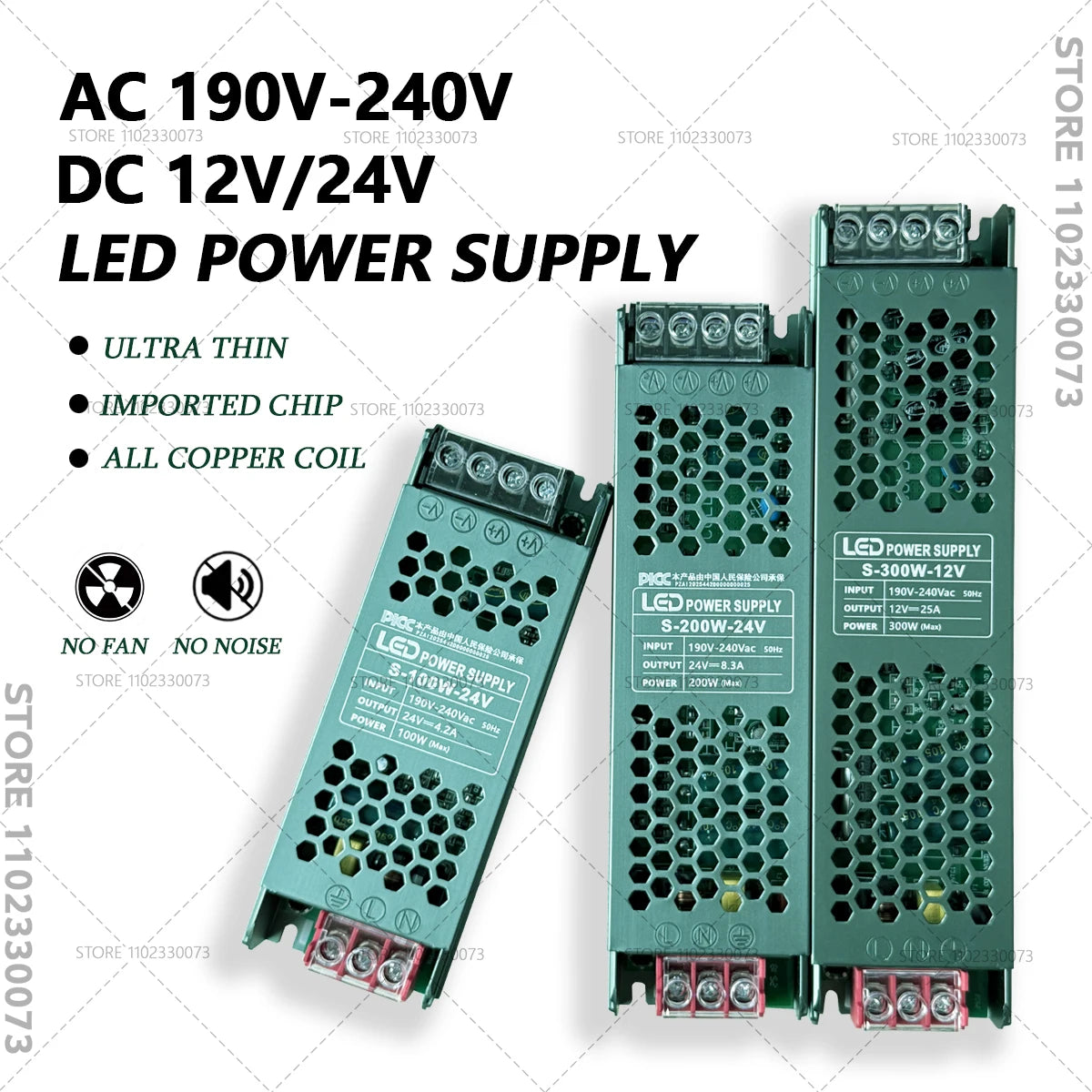 alimentation led 12v 24v 60w 100w 200w 300w 400w transformateur ultrafin vert industrielle