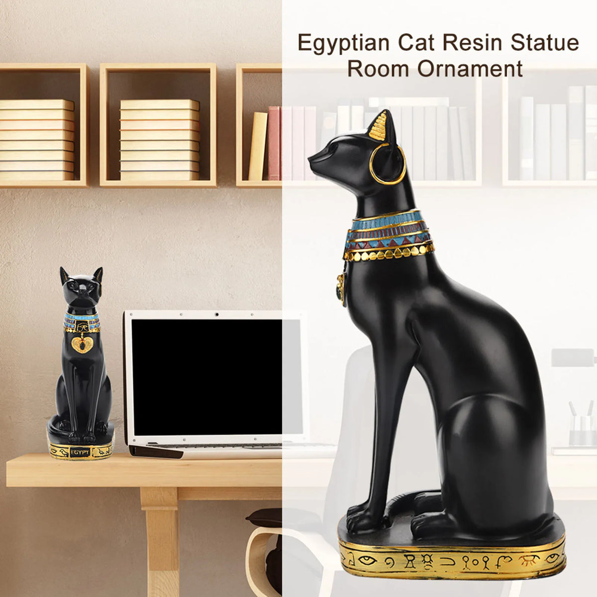 statuette chat égyptien résine ornement maison noël décoration or hiéroglyphes ancien populaire