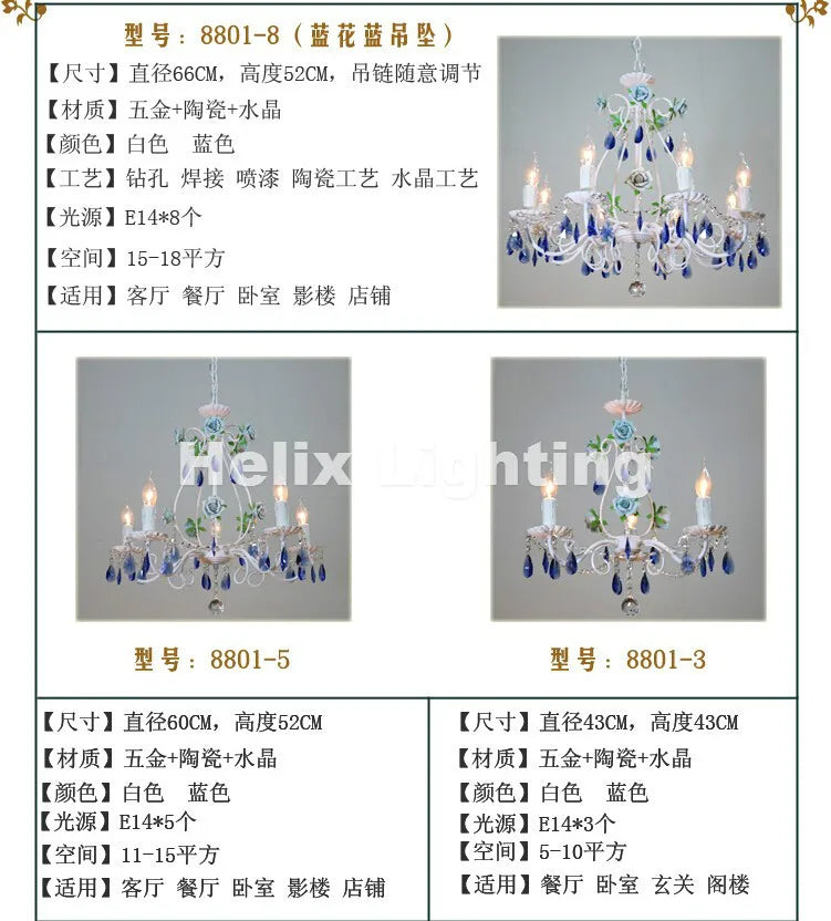 lustre décoration intérieure blanc bleu cristaux fleurs céramique floral classique semi encastré