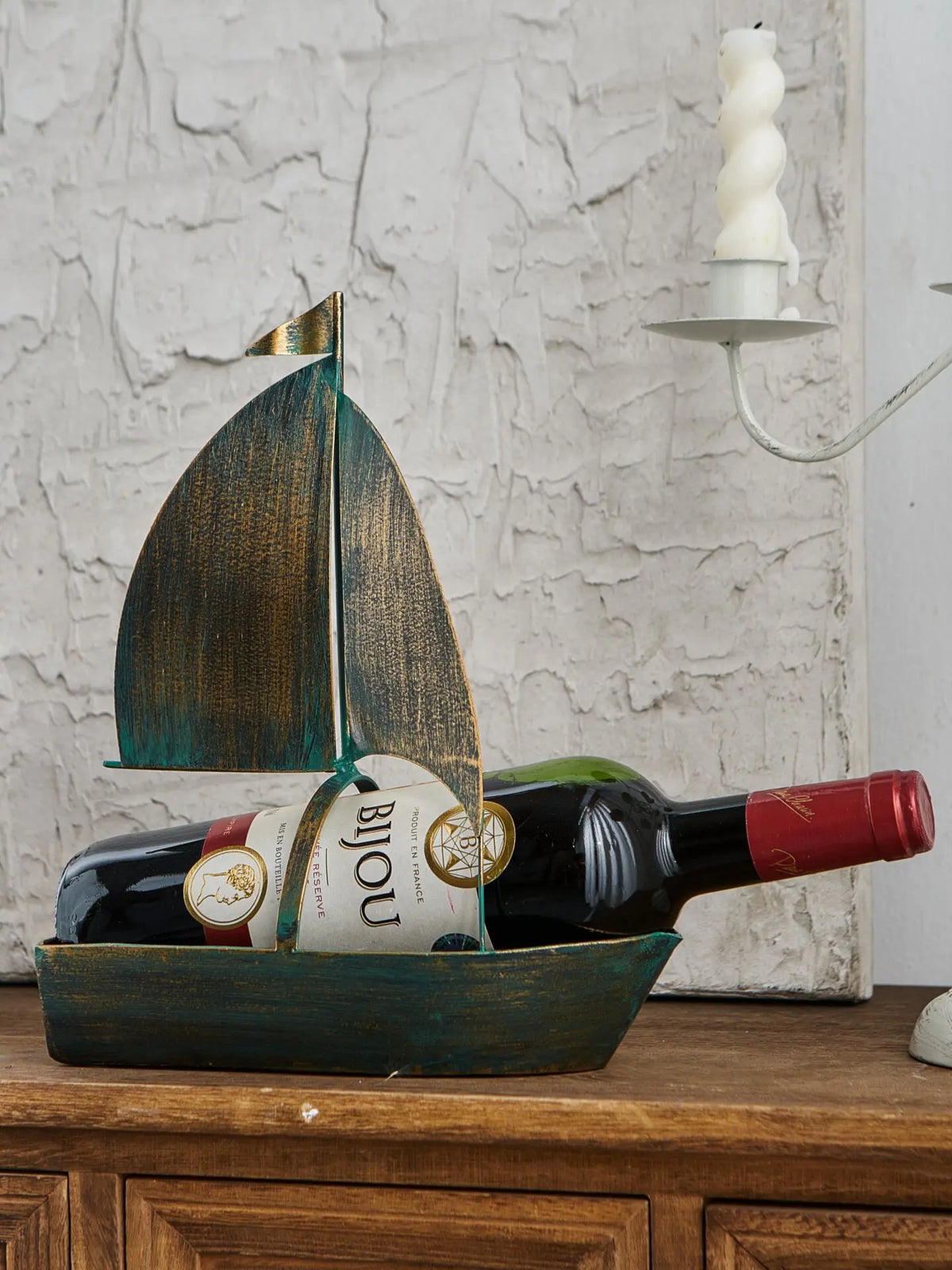 présentoir bouteille vin bateau voile vert or aspect vieilli décoratif nautique rustique bijou