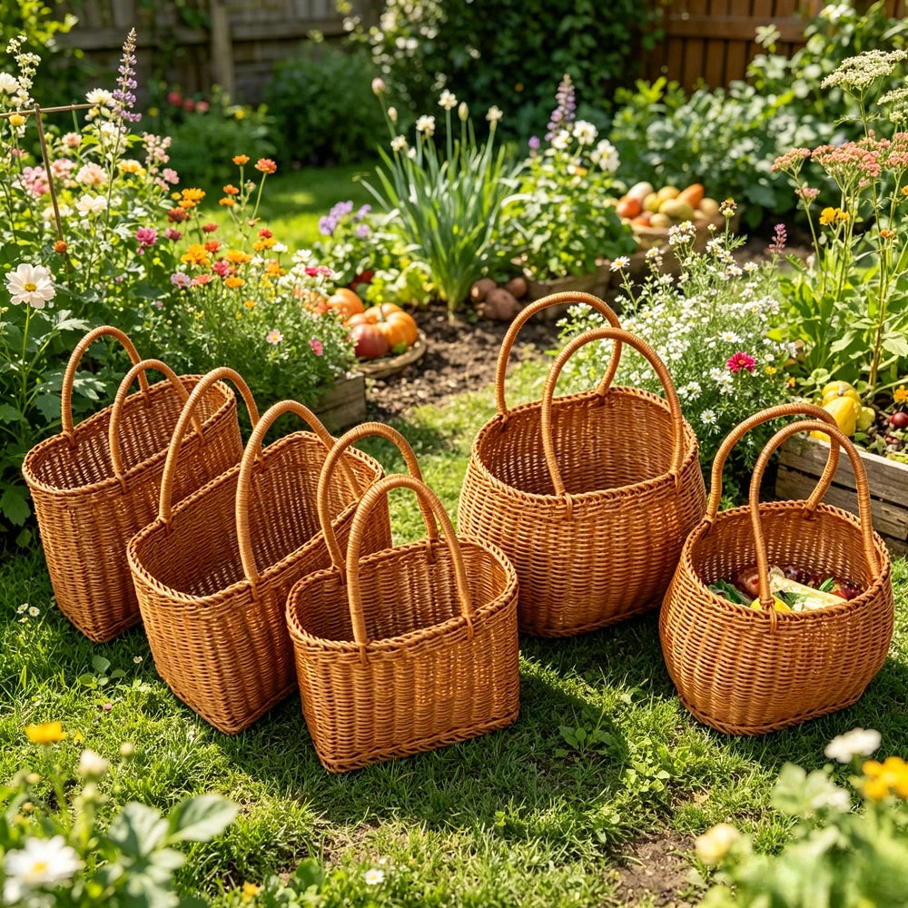 paniers tressés marron clair poignées utilisation multiple rangement fruits légumes fleurs traditionnels