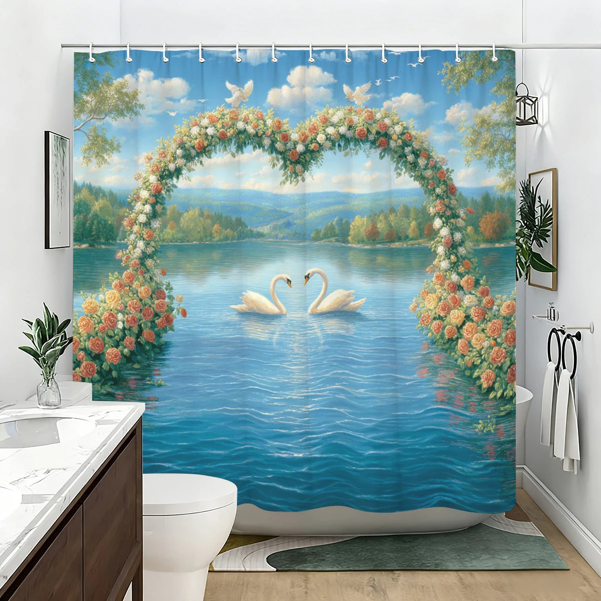 rideau douche impression numérique oiseaux cygnes fleurs blanc bleu rose vert opacité anneaux métalliques