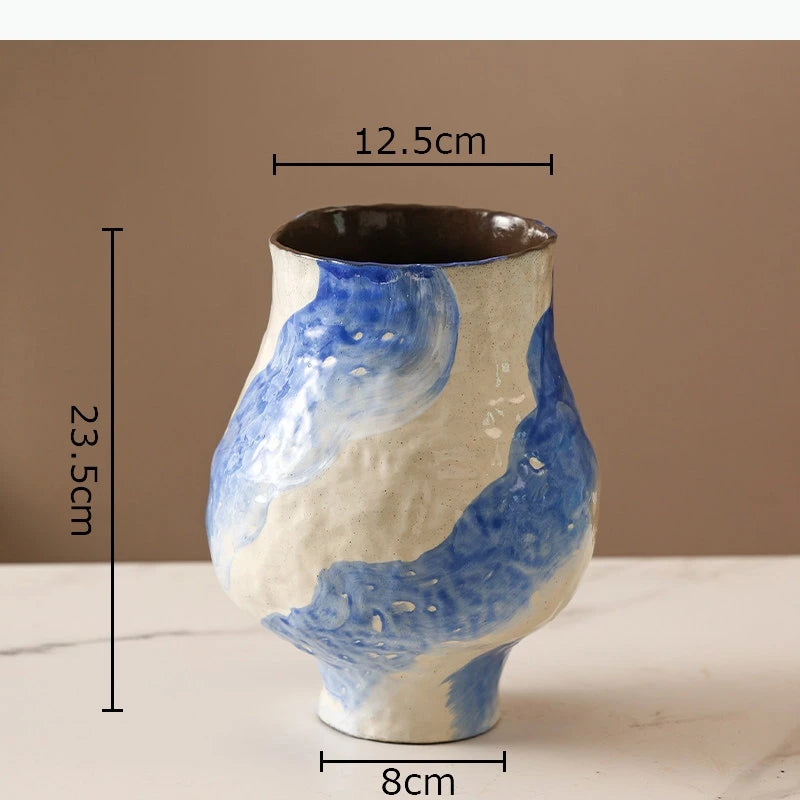 vase moderne peinture abstraite blanc bleu vert jaune artisanal fleur table decoration piece