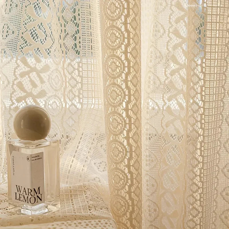 rideau polyester semi transparent beige dentelle géométrique classique maison bureauextérieur simple