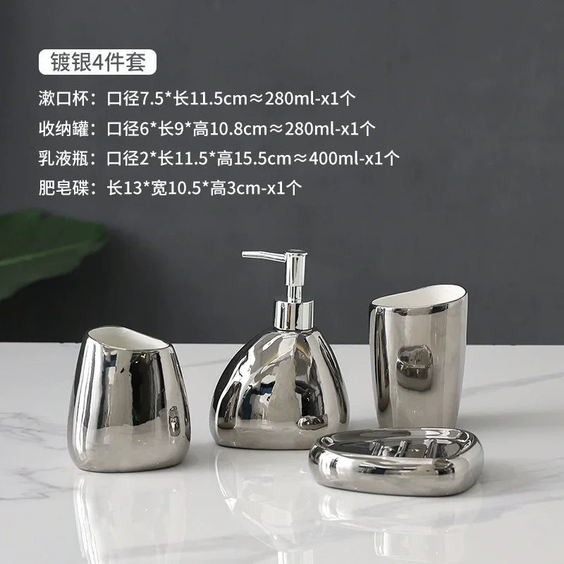 accessoires salle bain ensemble moderne or argent blanc céramique tasse brosse dentifrice savon crème