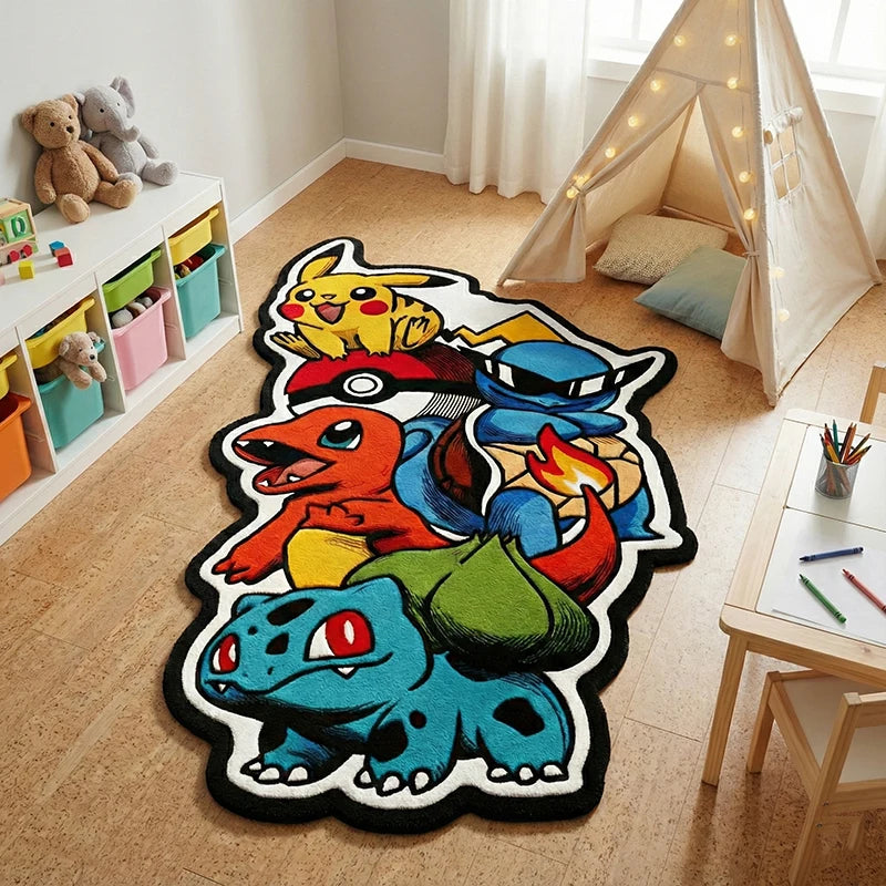 tapis multicolore pokémon pikachu charmander bulbasaur squirtle enfant chambre salon decoration