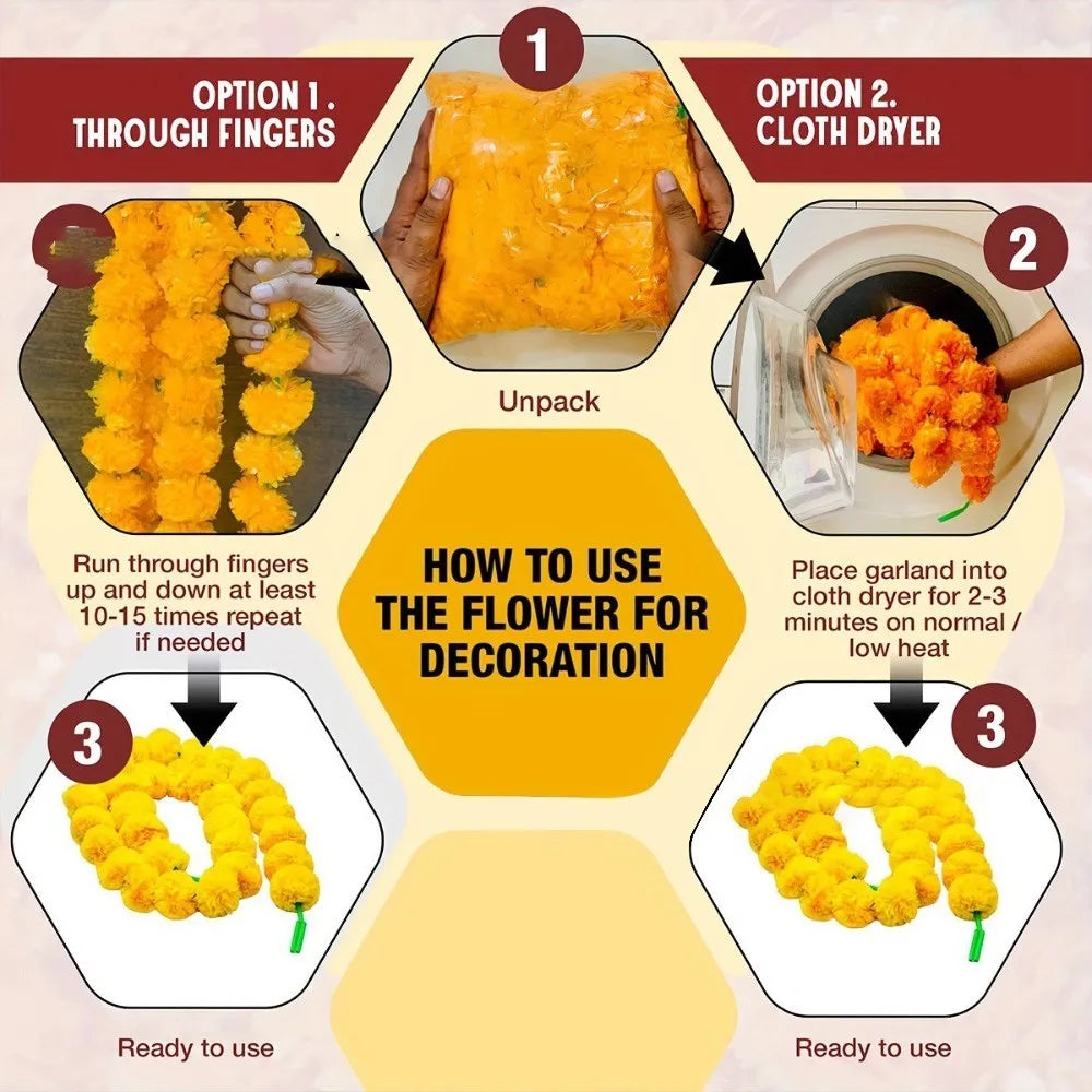 guirlande fleurs artificielles orange jaune rouge décoration festive indienne pompons suspendues 150cm