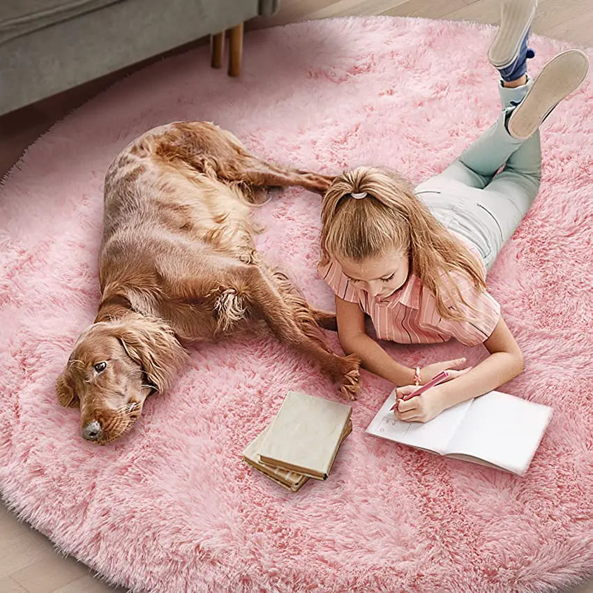 tapis rond peluche doux rose clair grand tapis chambre enfant fille décoration salon moderne