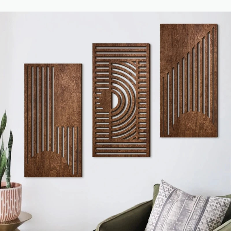 panneaux decoratifs murals modernes motifs vegetaux geometriques beige clair marron foncé vert foncé minimalistes