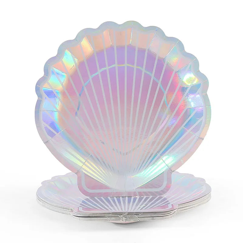 assiettes jetables sirène multicolore gobelets serviettes fête anniversaire thème océan poissons irisés pastel