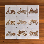 stencils moto blanc brun motifs scooters 9cm 9cm minimaliste peinture bricolage