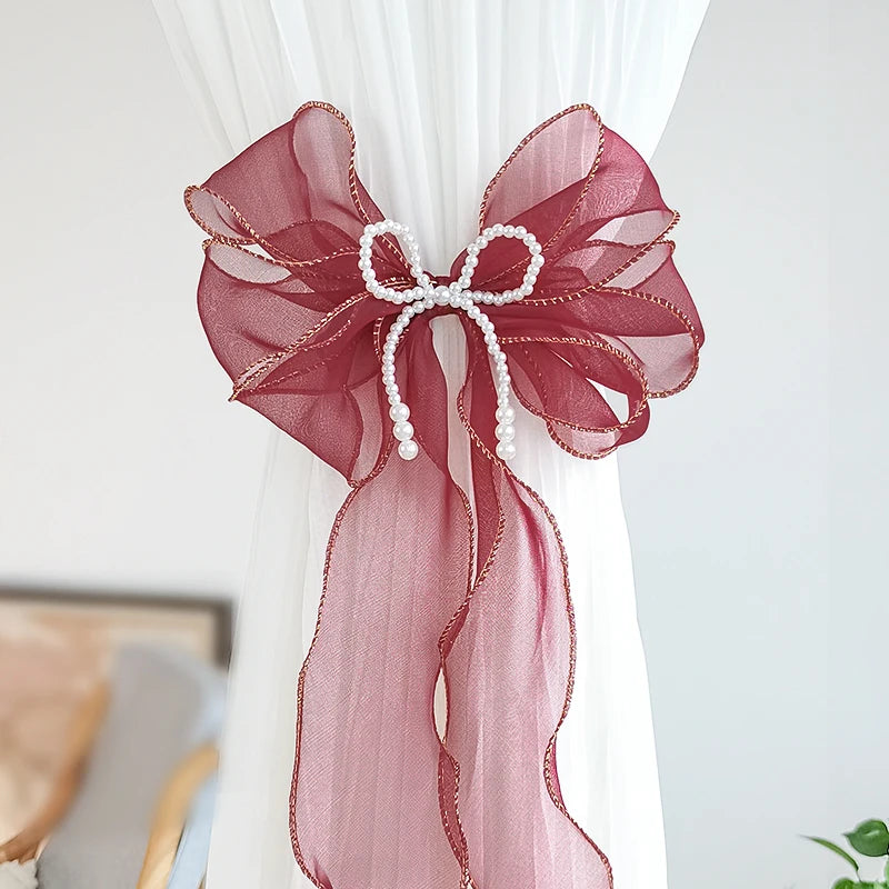 rideau fenêtre transparent rubans décoratifs nœuds dorées élégants maison vintageclair rose blanc