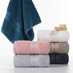 serviettes bain coton absorbantes douces rose clair gris blanc beige bleu marine rayures dorées