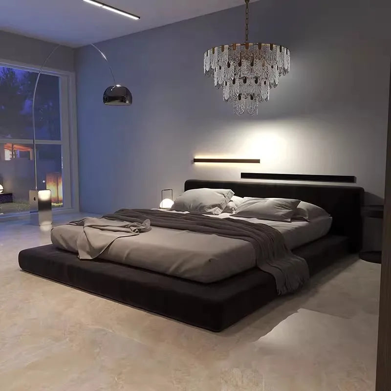 lit moderne bois noir tapis table chevet chambre coucher minimaliste
