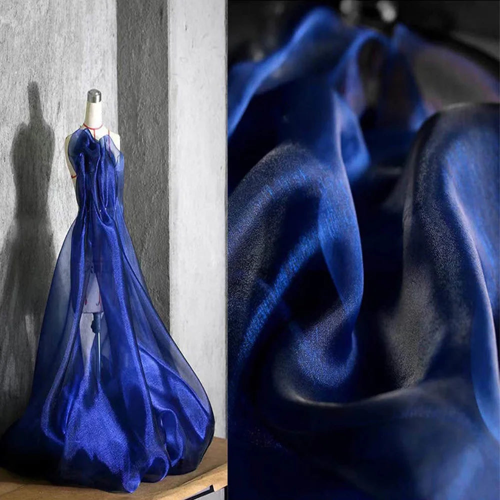 tissu gaze organza bicolore bleu rouge moderne mariage translucide rayures