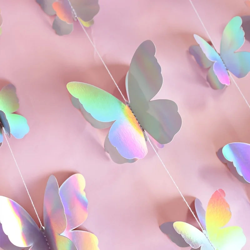 guirlande papillons holographiques brillants 3d blanc bleu vert rose violet jaune anniversaire mariage